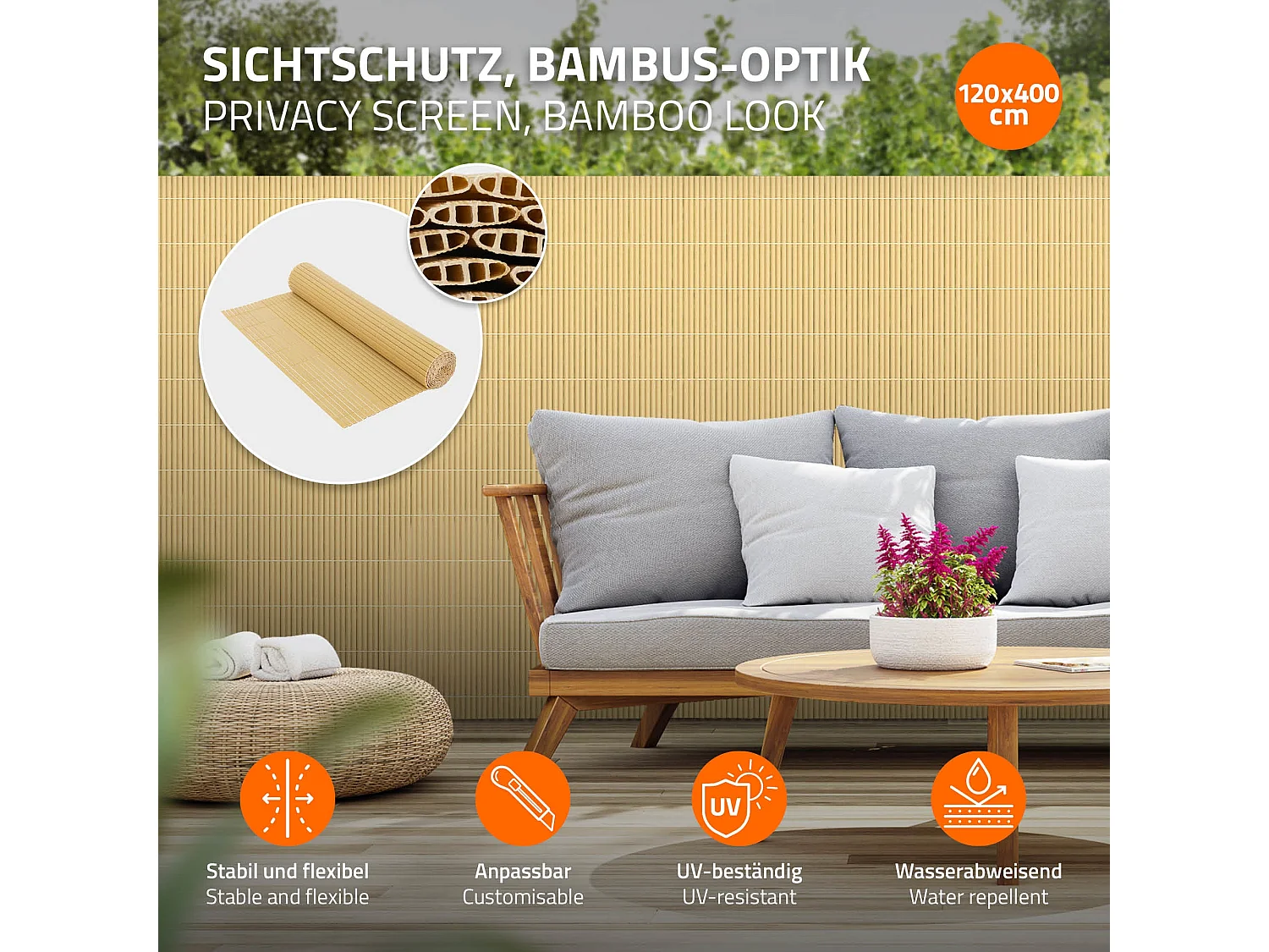 Siepe PVC 120x400 cm frangivento bambù canniccio impermeabile recinzione balcone