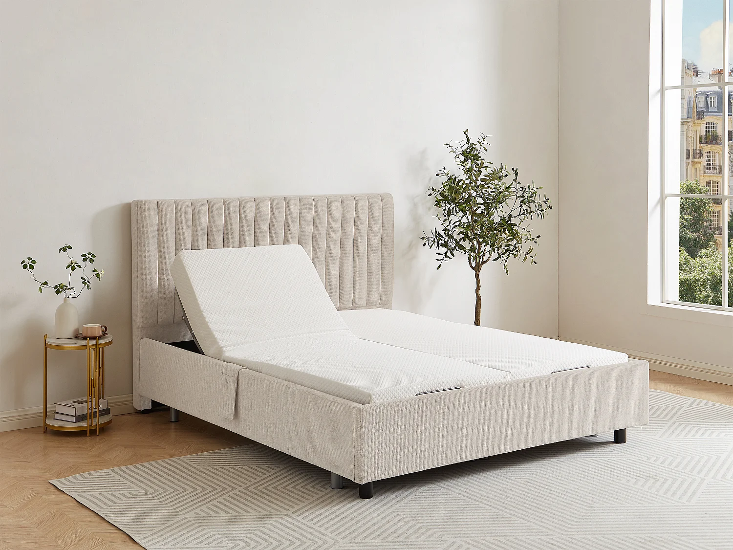 Dekoratives Bettgestell mit elektrischer Relaxfunktion - 2 x 78 Teller - 2 x 90 x 200 cm - Stoff - Beige - NALU von DREAMEA