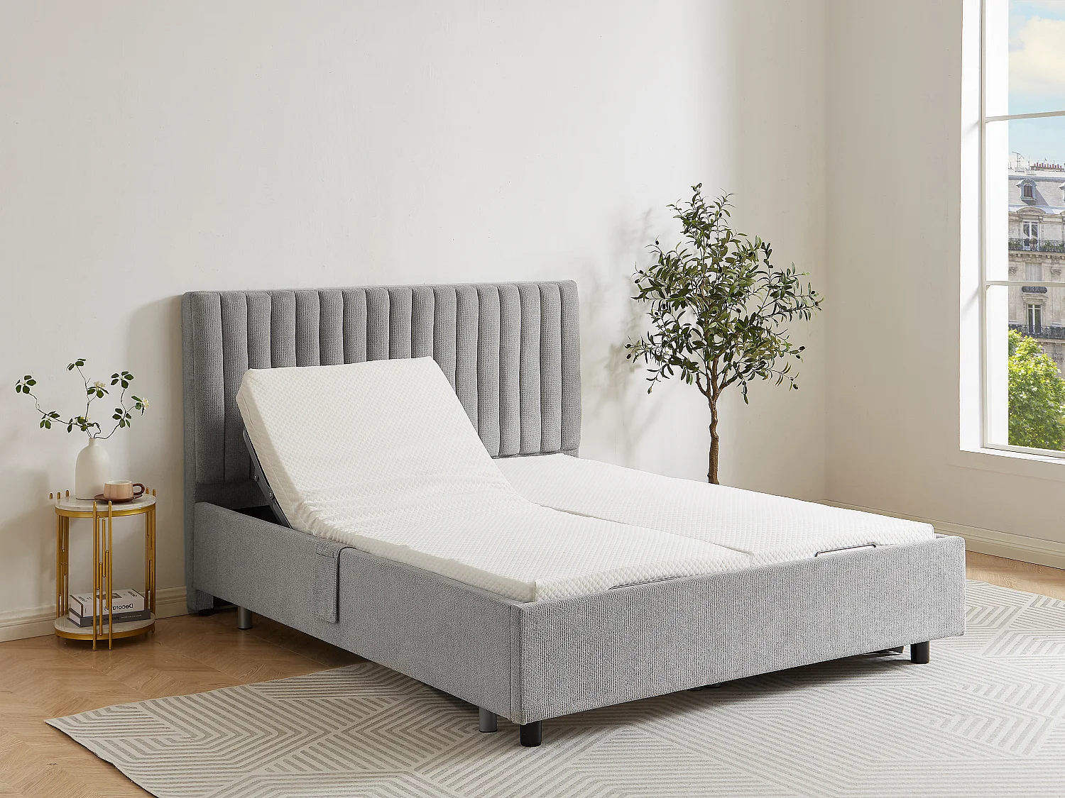 Dekoratives Bettgestell mit elektrischer Relaxfunktion - 2 x 65 Teller - 2 x 80 x 200 cm - Stoff - Grau - NALU von DREAMEA