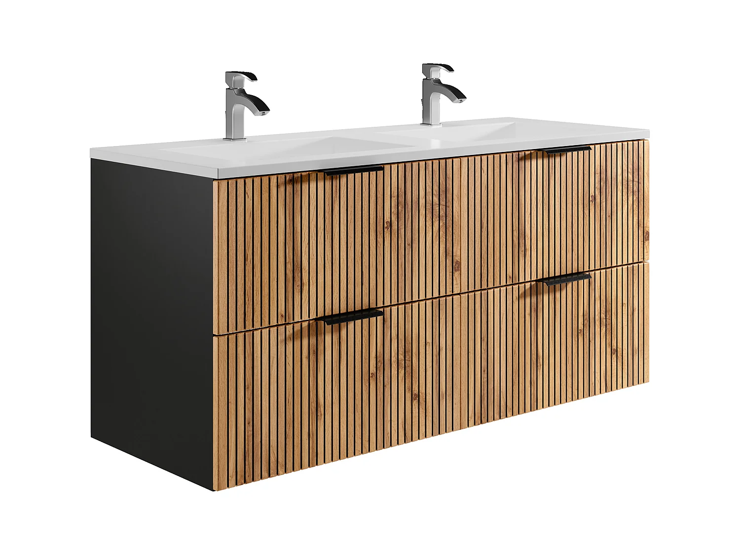 Meuble de salle de bain suspendu strié avec vasque à encastrer - Naturel clair et noir - 120 cm - MADELA