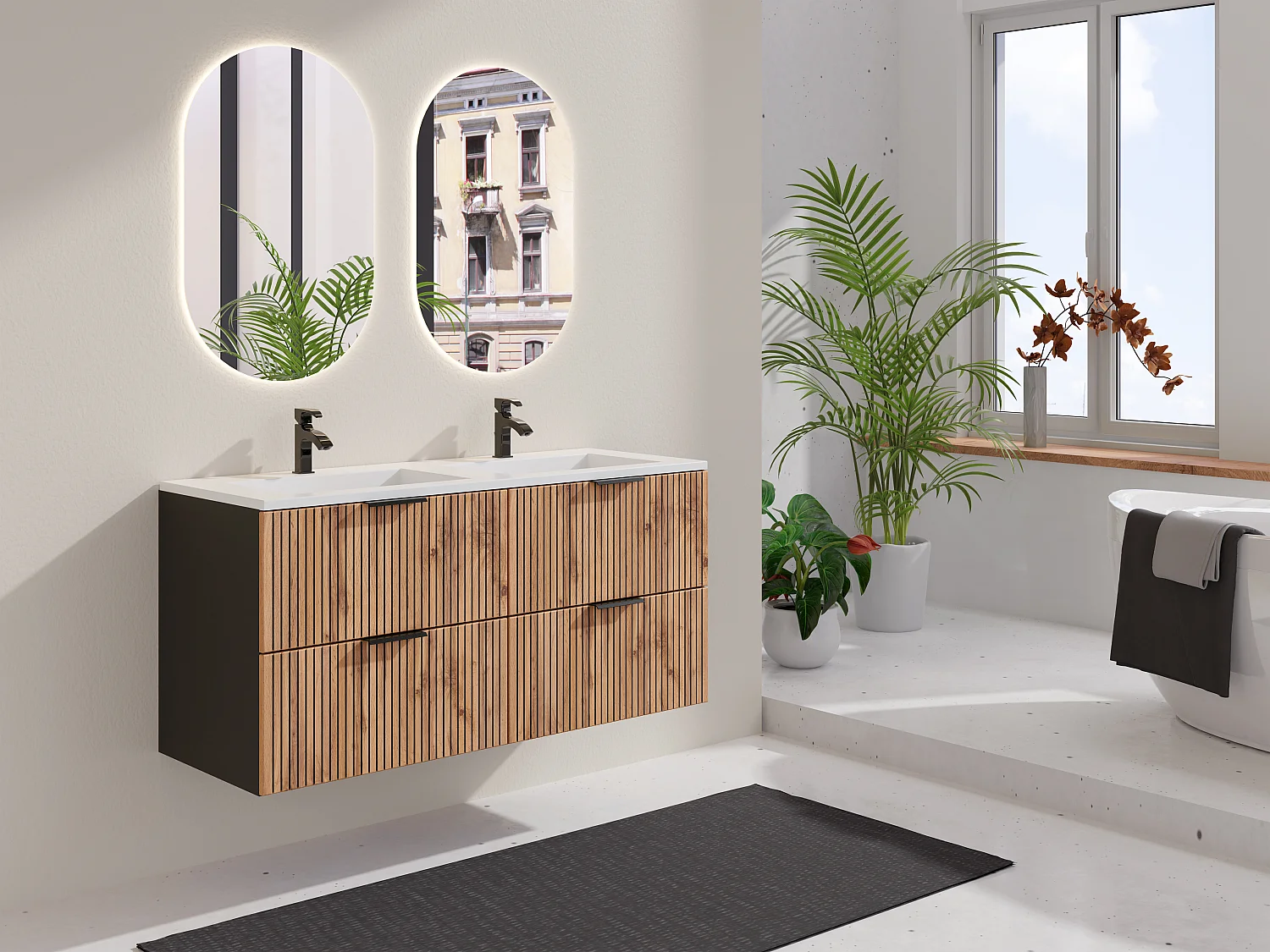 Meuble de salle de bain suspendu strié avec vasque à encastrer - Naturel clair et noir - 120 cm - MADELA