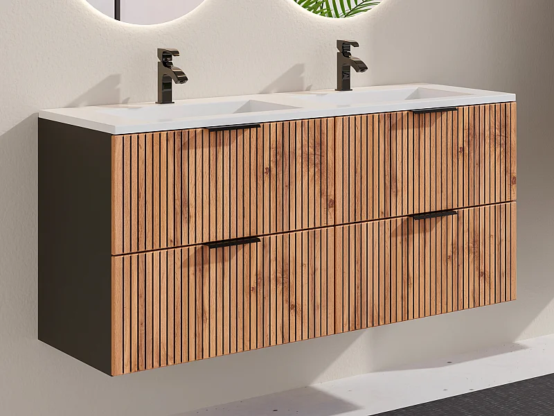 Meuble de salle de bain suspendu strié avec vasque à encastrer - Naturel clair et noir - 120 cm - MADELA