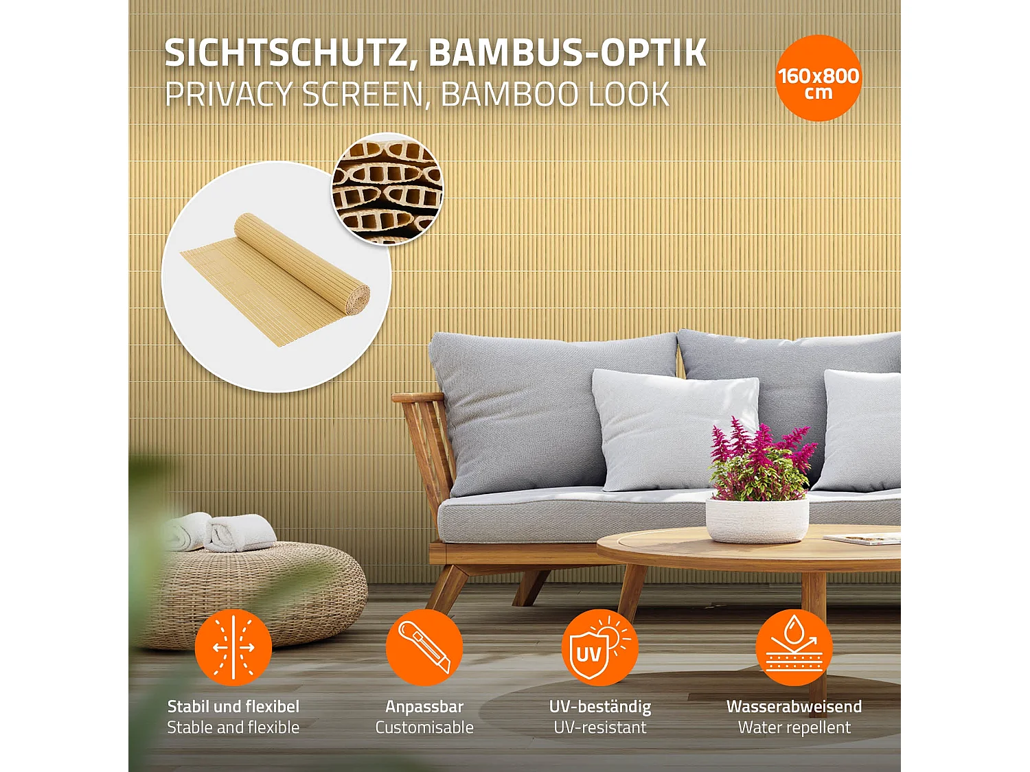 Canisse bambou PVC 160x800 cm clôture brise-vue pour balcon terrasse jardin