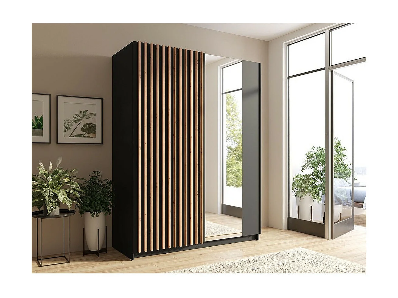 Schuifdeurkast met spiegel 200 cm - zwart en eiken - Collectie STRANO