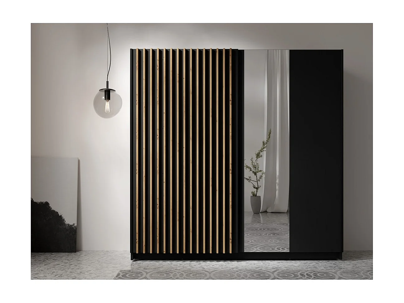Armadio 2 porte scorrevoli con specchio 200 cm - nero e rovere - Collezione STRANO