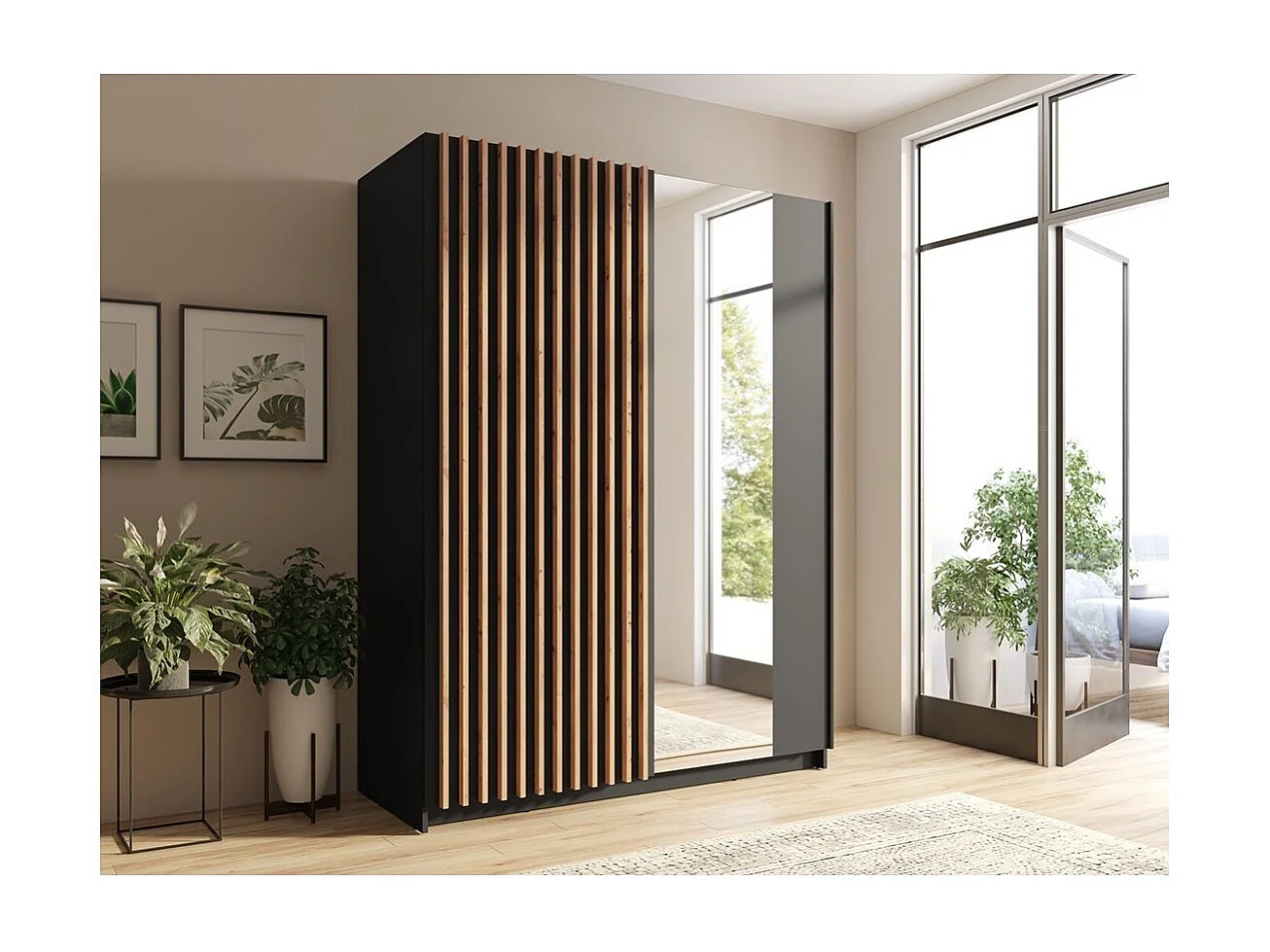 Armadio 2 porte scorrevoli con specchio 200 cm - nero e rovere - Collezione STRANO