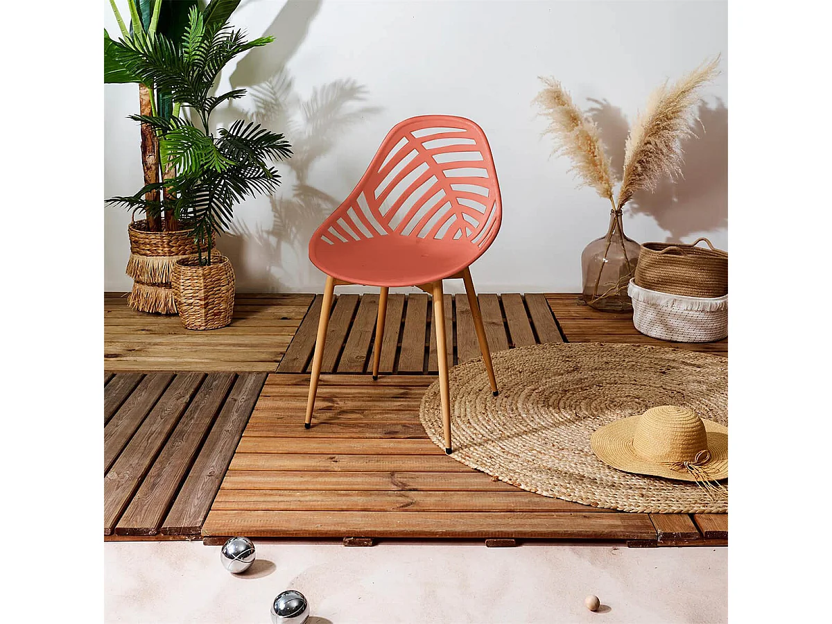 SAORI - Lot de 4 Chaises de Jardin Coque Plastique Ajourée Terracotta Pieds Métal