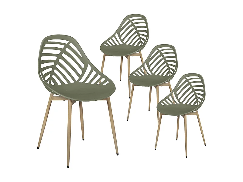 SAORI - Lot de 4 Chaises de Jardin Coque Plastique Ajourée Vert Olive Pieds Métal