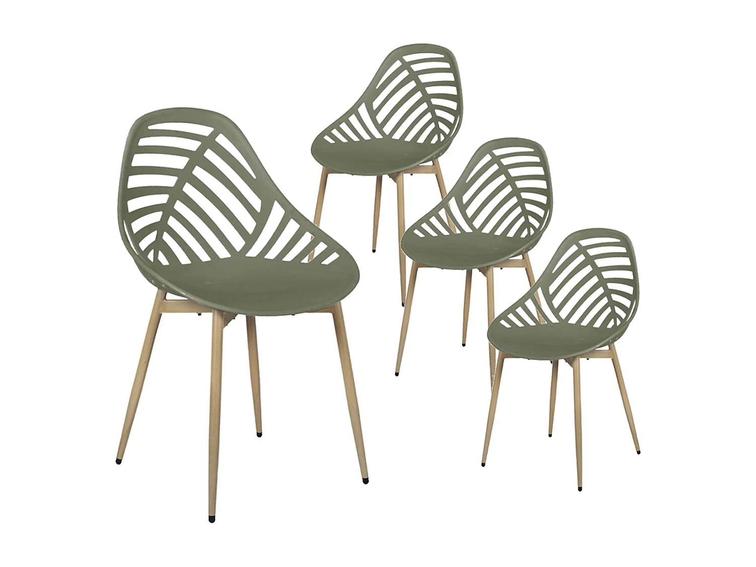 SAORI - Lot de 4 Chaises de Jardin Coque Plastique Ajourée Vert Olive Pieds Métal