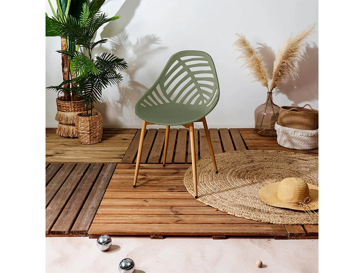 SAORI - Lot de 4 Chaises de Jardin Coque Plastique Ajourée Vert Olive Pieds Métal