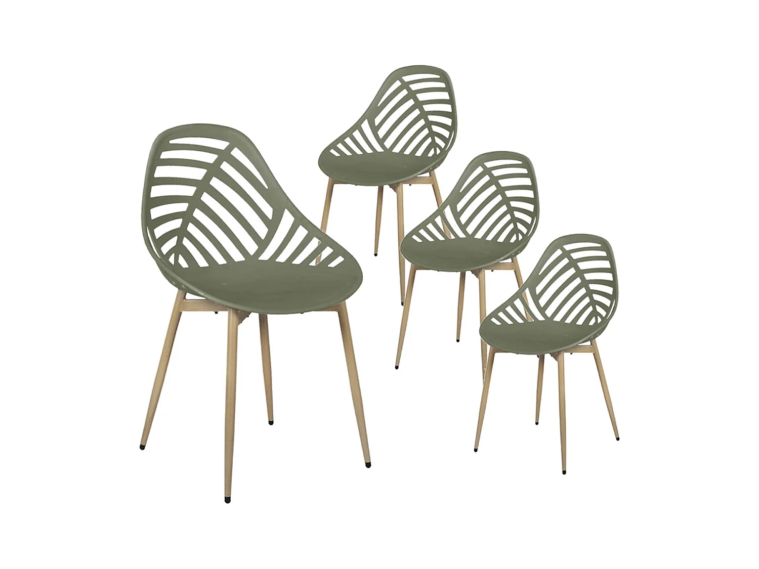 SAORI - Lot de 4 Chaises de Jardin Coque Plastique Ajourée Vert Olive Pieds Métal
