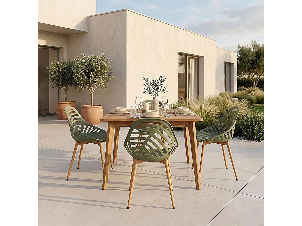 SAORI - Lot de 4 Chaises de Jardin Coque Plastique Ajourée Vert Olive Pieds Métal