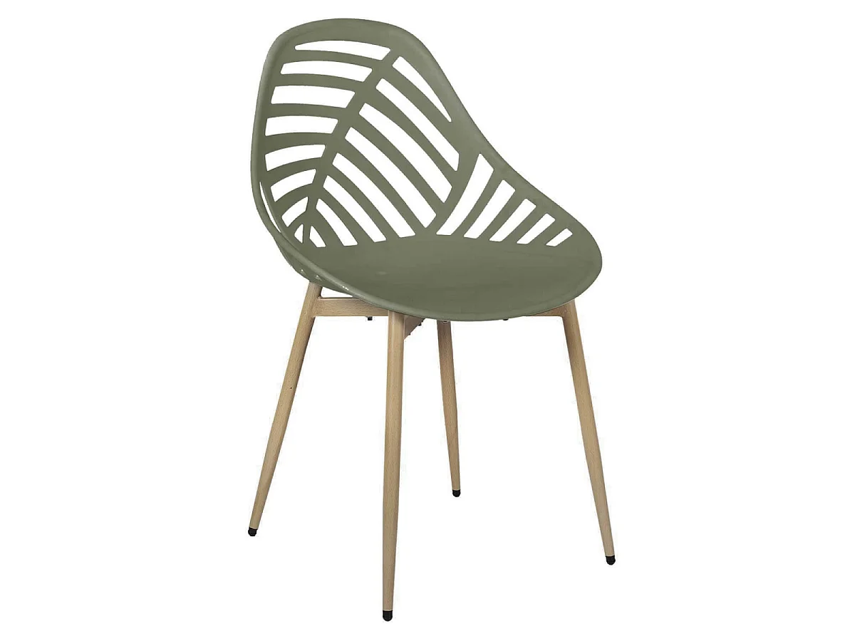 SAORI - Lot de 4 Chaises de Jardin Coque Plastique Ajourée Vert Olive Pieds Métal