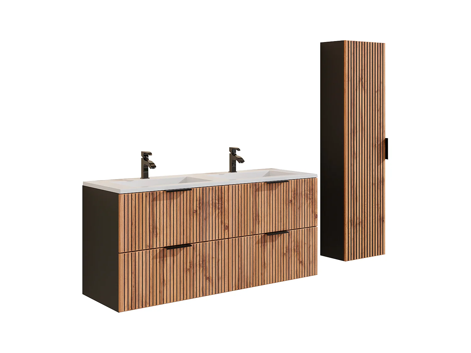 Meuble de salle de bain suspendu strié avec vasque à encastrer avec colonne - Naturel clair et noir - 120 cm - MADELA