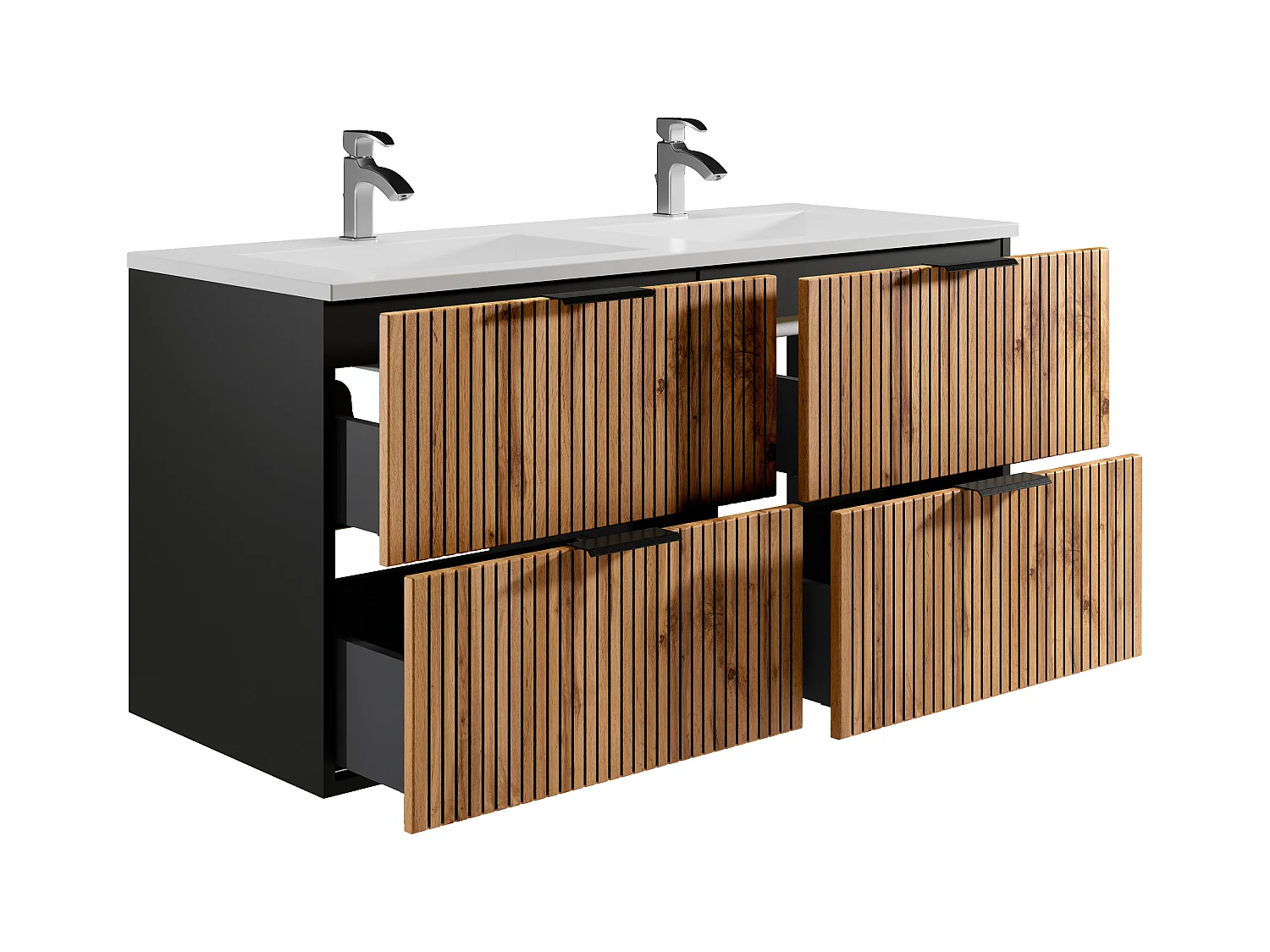 Meuble de salle de bain suspendu strié avec vasque à encastrer avec colonne - Naturel clair et noir - 120 cm - MADELA