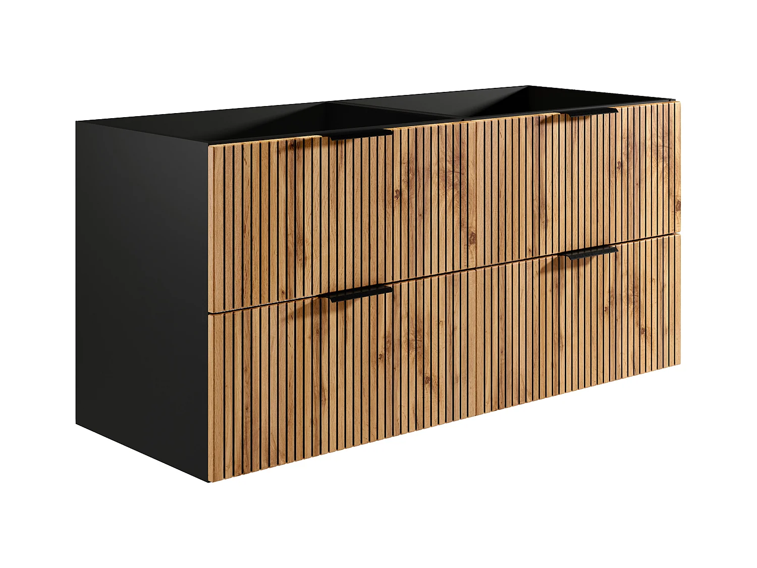 Meuble de salle de bain suspendu strié avec vasque à encastrer avec colonne - Naturel clair et noir - 120 cm - MADELA