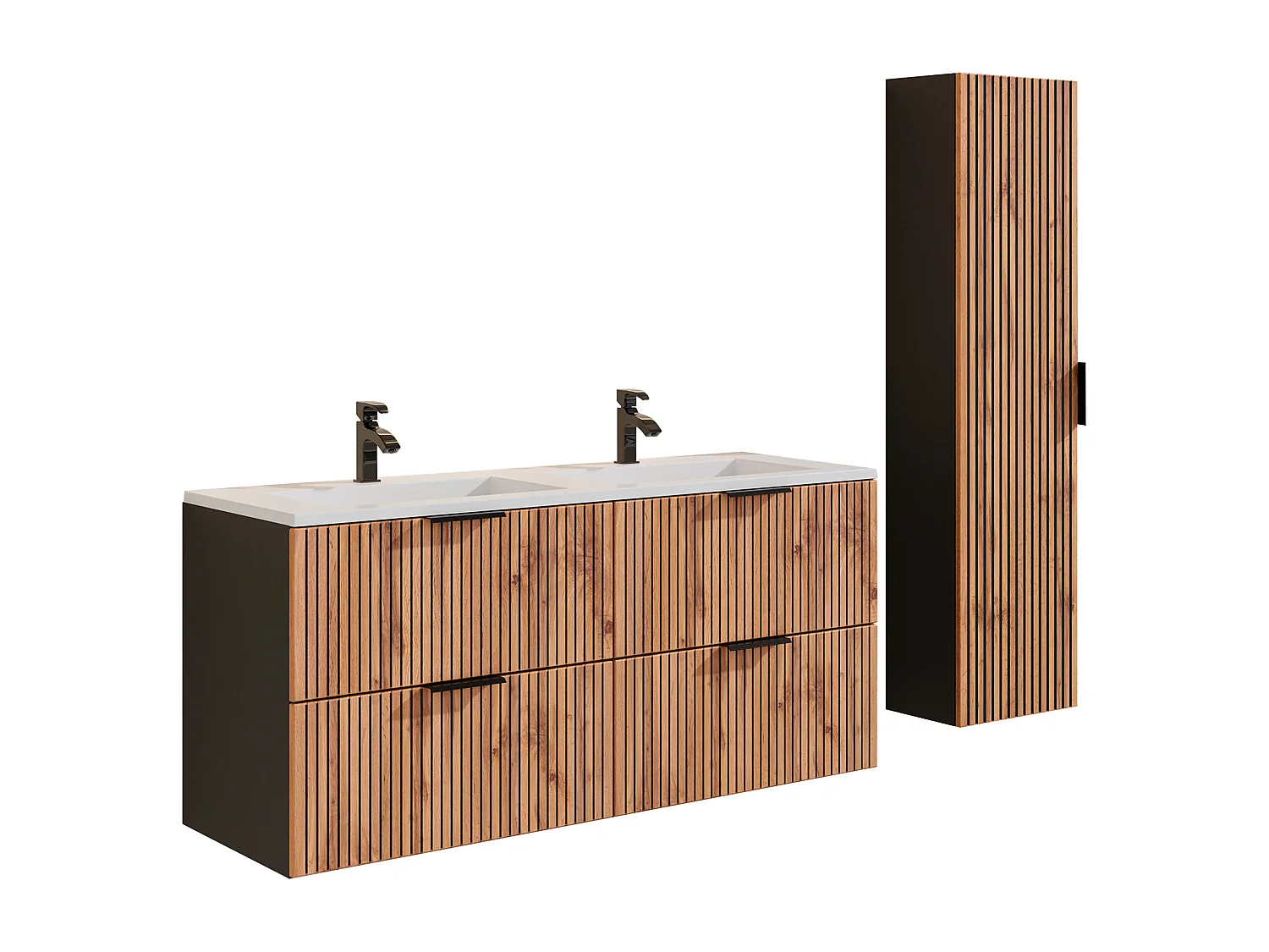 Meuble de salle de bain suspendu strié avec vasque à encastrer avec colonne - Naturel clair et noir - 120 cm - MADELA