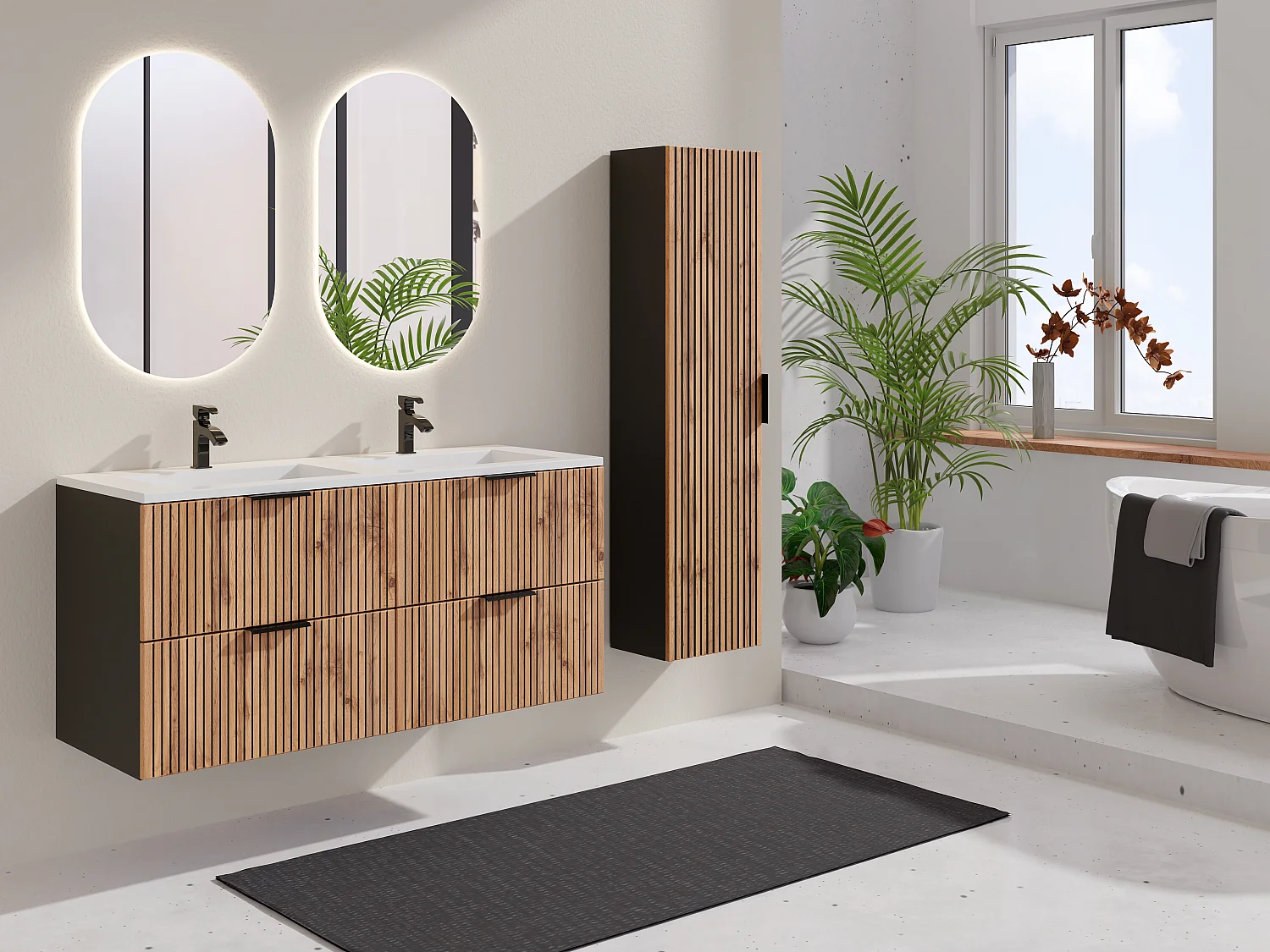 Meuble de salle de bain suspendu strié avec vasque à encastrer avec colonne - Naturel clair et noir - 120 cm - MADELA