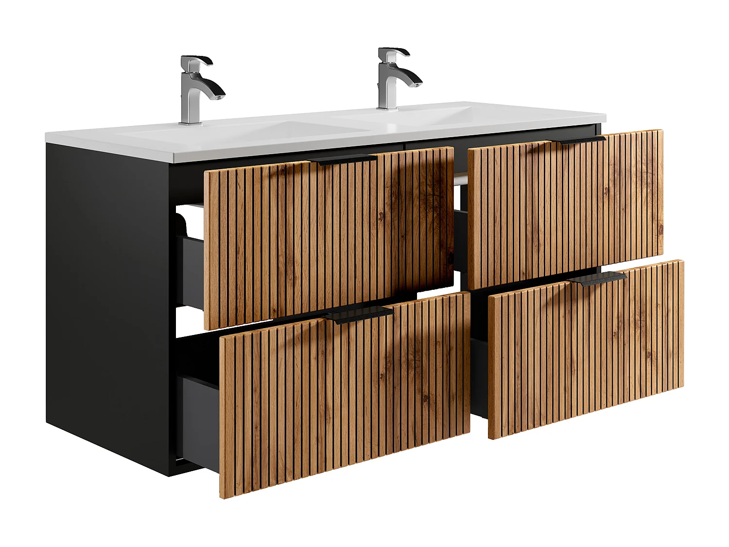 Meuble de salle de bain suspendu strié avec vasque à encastrer avec colonne - Naturel clair et noir - 120 cm - MADELA