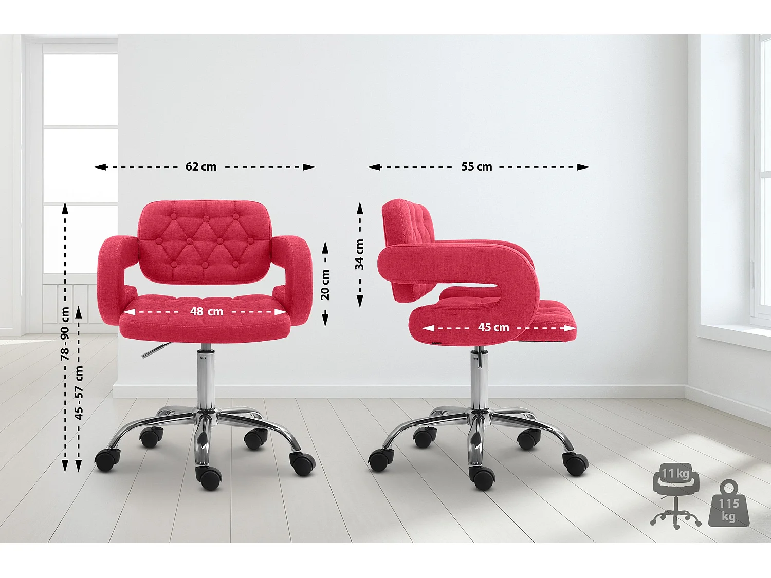 Chaise de bureau - Tissu & Métal chromé - Rouge - Dublin