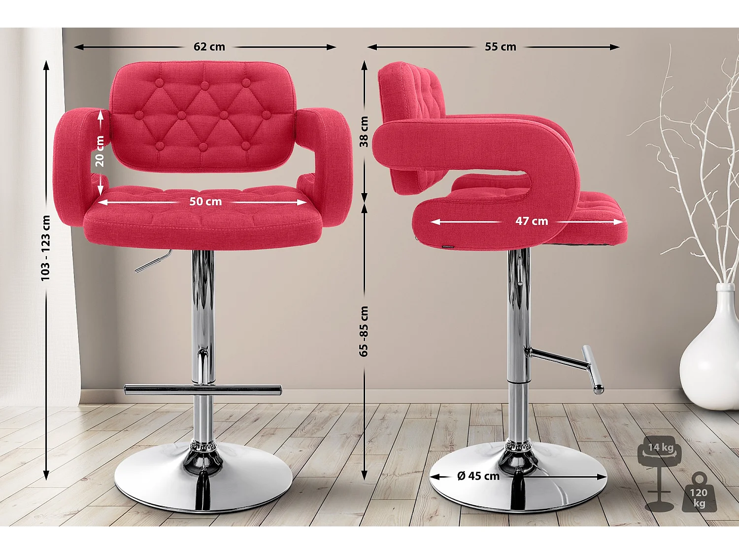 Lot de 2  Tabouret de bar - Tissu & Métal chromé - Rouge - Dublin