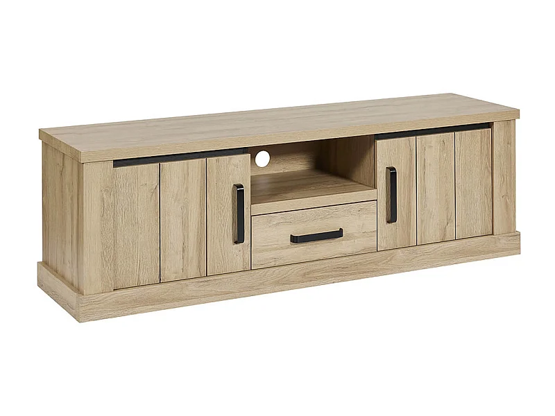 LORENZO - Meuble TV 2 Portes 1 Tiroirs Aspect Bois Chêne Clair Finition Frank