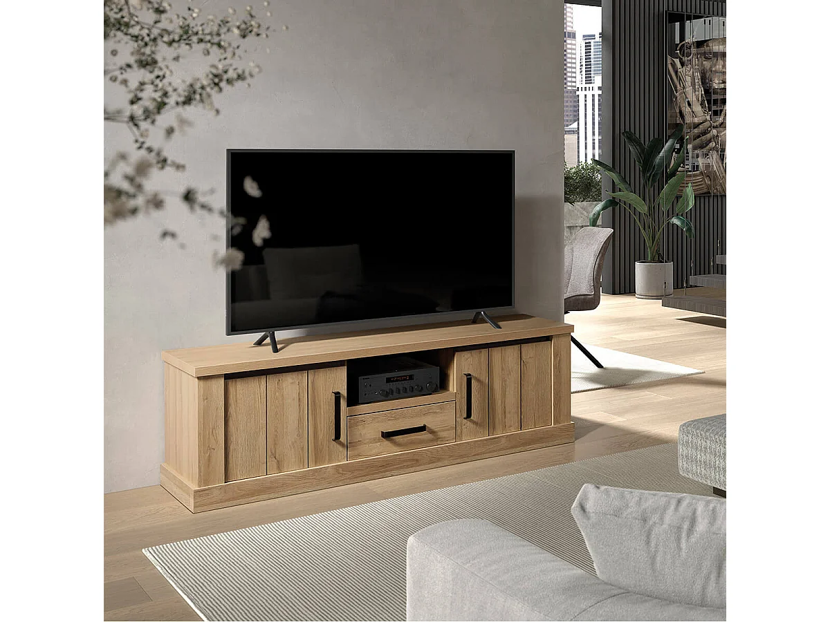 LORENZO - Meuble TV 2 Portes 1 Tiroirs Aspect Bois Chêne Clair Finition Frank
