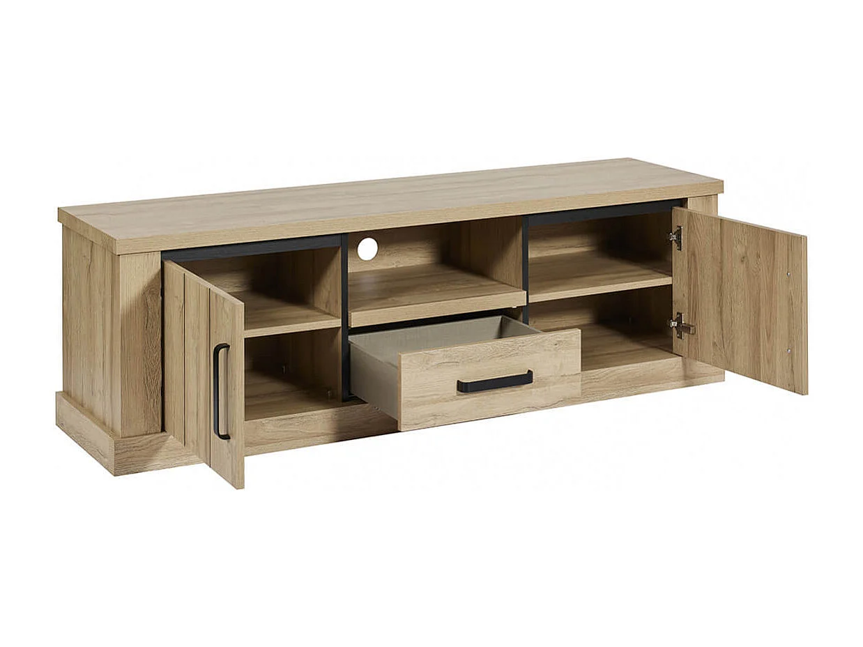 LORENZO - Meuble TV 2 Portes 1 Tiroirs Aspect Bois Chêne Clair Finition Frank