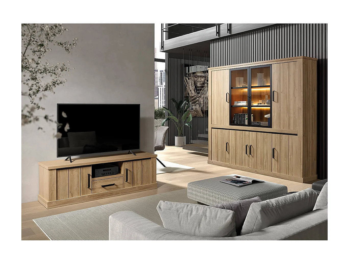 LORENZO - Meuble TV 2 Portes 1 Tiroirs Aspect Bois Chêne Clair Finition Frank