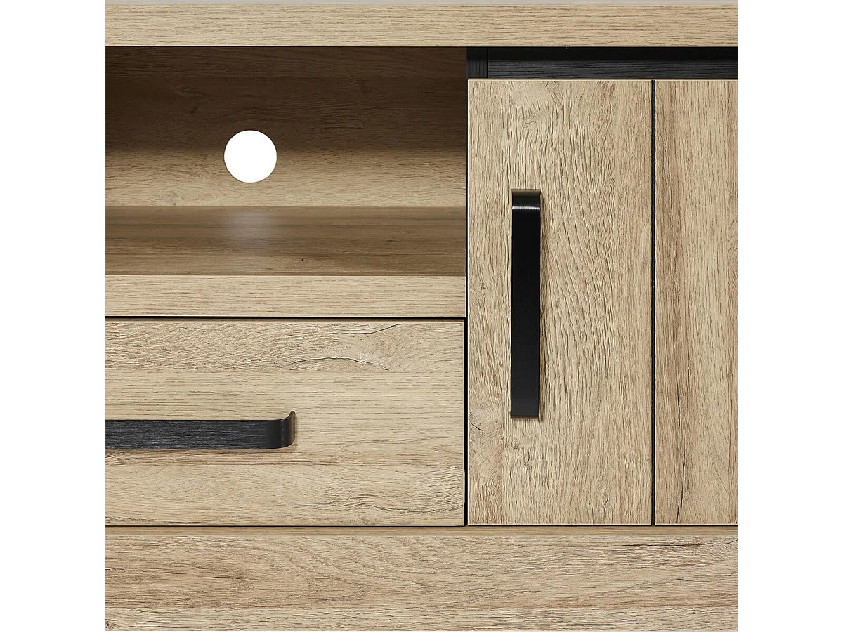 LORENZO - Meuble TV 2 Portes 1 Tiroirs Aspect Bois Chêne Clair Finition Frank