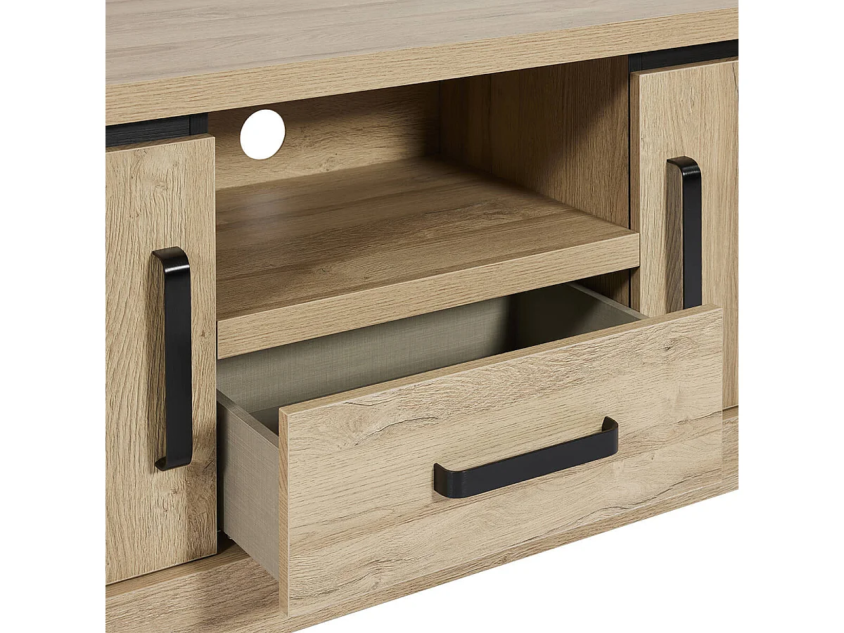 LORENZO - Meuble TV 2 Portes 1 Tiroirs Aspect Bois Chêne Clair Finition Frank