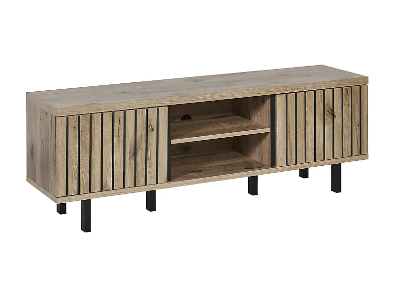 ROMY - Meuble TV 2 Portes 2 Niches Aspect Bois Finition Canyon Oak Effet Tasseaux