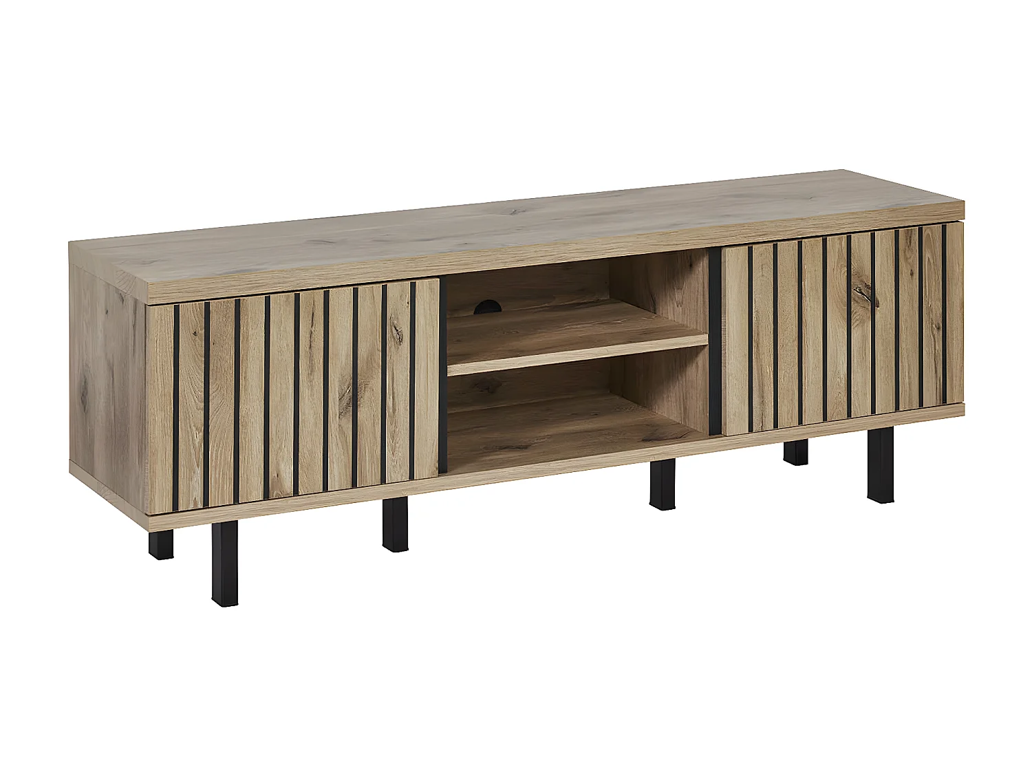 ROMY - Meuble TV 2 Portes 2 Niches Aspect Bois Finition Canyon Oak Effet Tasseaux