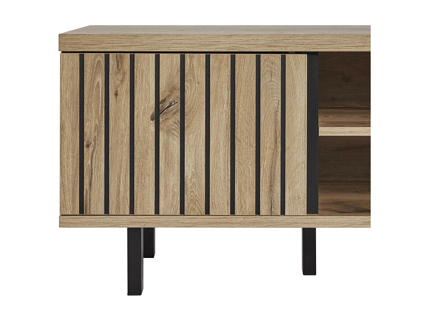 ROMY - Meuble TV 2 Portes 2 Niches Aspect Bois Finition Canyon Oak Effet Tasseaux