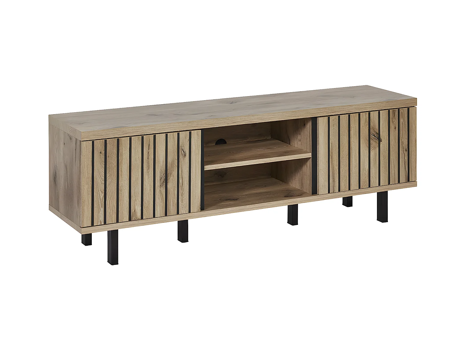 ROMY - Meuble TV 2 Portes 2 Niches Aspect Bois Finition Canyon Oak Effet Tasseaux