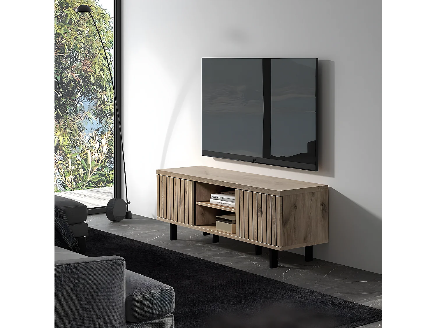 ROMY - Meuble TV 2 Portes 2 Niches Aspect Bois Finition Canyon Oak Effet Tasseaux