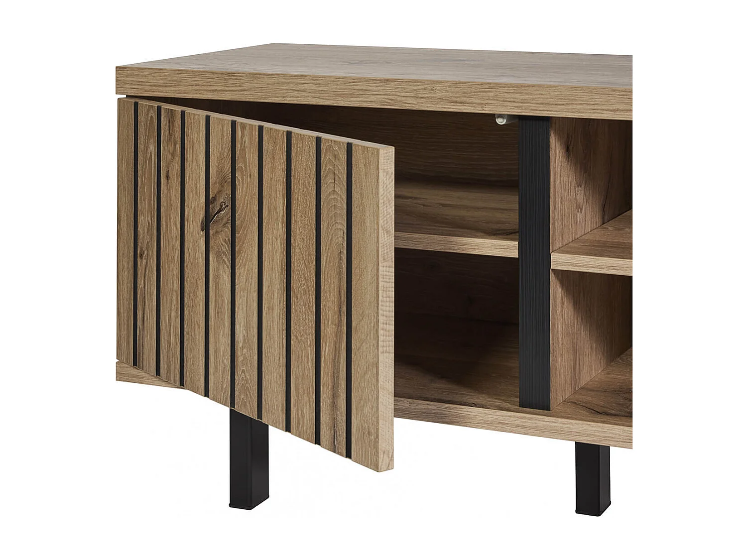 ROMY - Meuble TV 2 Portes 2 Niches Aspect Bois Finition Canyon Oak Effet Tasseaux