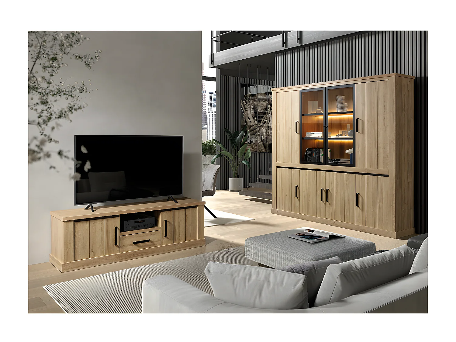 LORENZO - Ensemble Salon Meuble TV et Bibliothèque Aspect Bois Chêne Clair