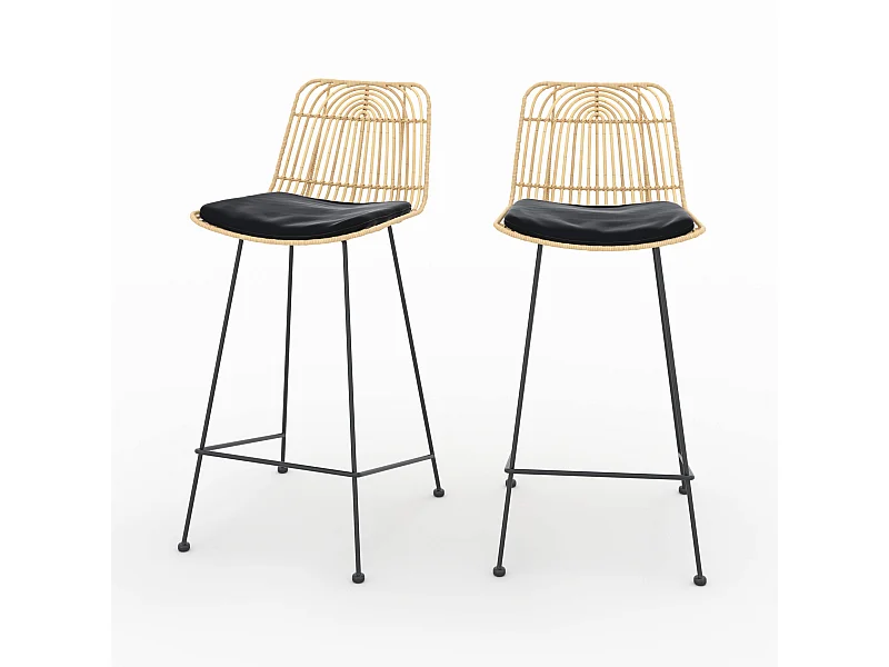 Lot de 2 chaises pour îlot central 66 cm en rotin et noir - Goa