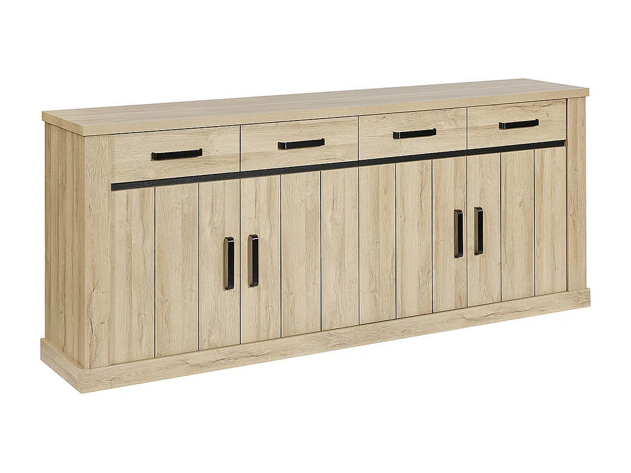 LORENZO - Buffet 4 Portes 4 Tiroirs Aspect Bois Chêne Clair Finition Frank