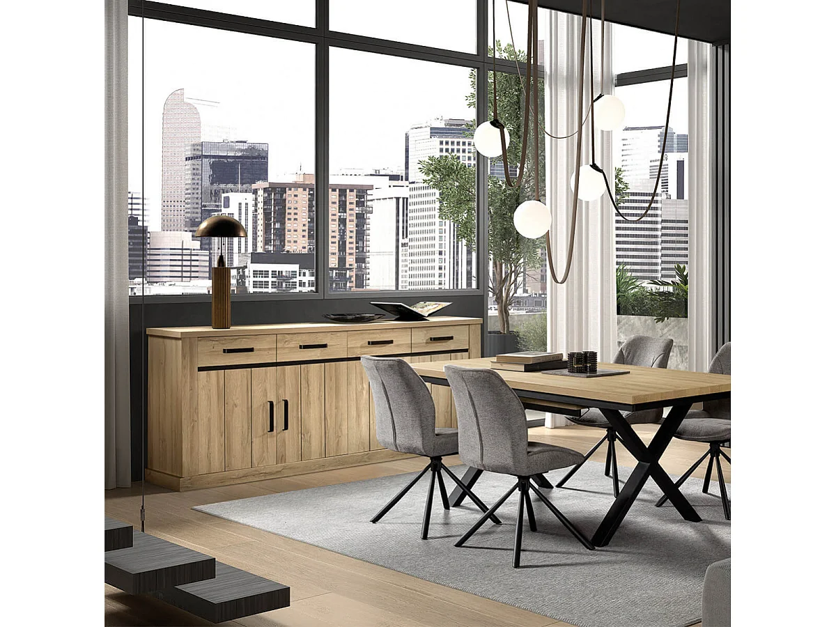 LORENZO - Buffet 4 Portes 4 Tiroirs Aspect Bois Chêne Clair Finition Frank