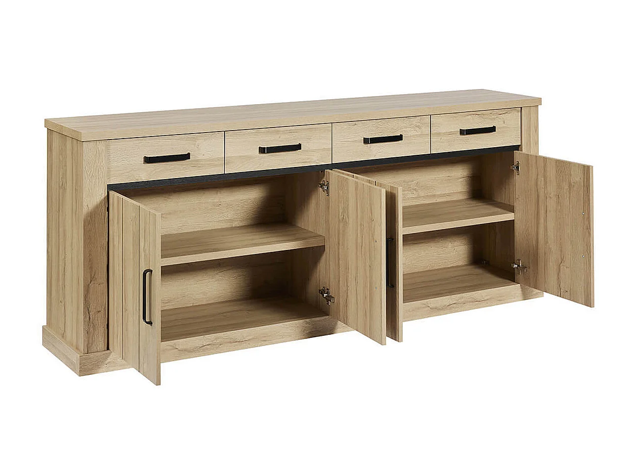LORENZO - Buffet 4 Portes 4 Tiroirs Aspect Bois Chêne Clair Finition Frank