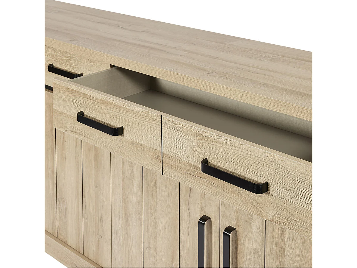 LORENZO - Buffet 4 Portes 4 Tiroirs Aspect Bois Chêne Clair Finition Frank