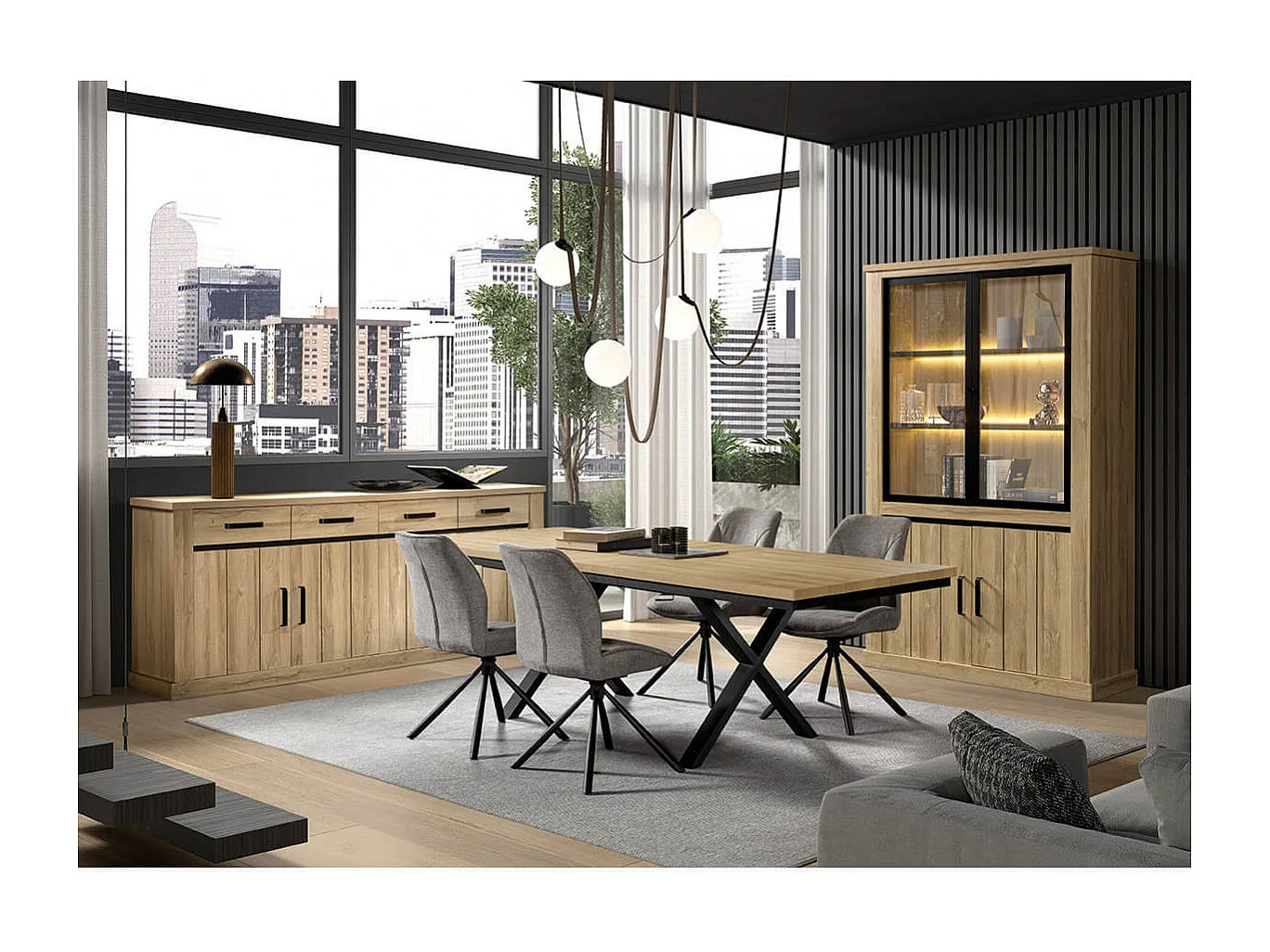 LORENZO - Buffet 4 Portes 4 Tiroirs Aspect Bois Chêne Clair Finition Frank