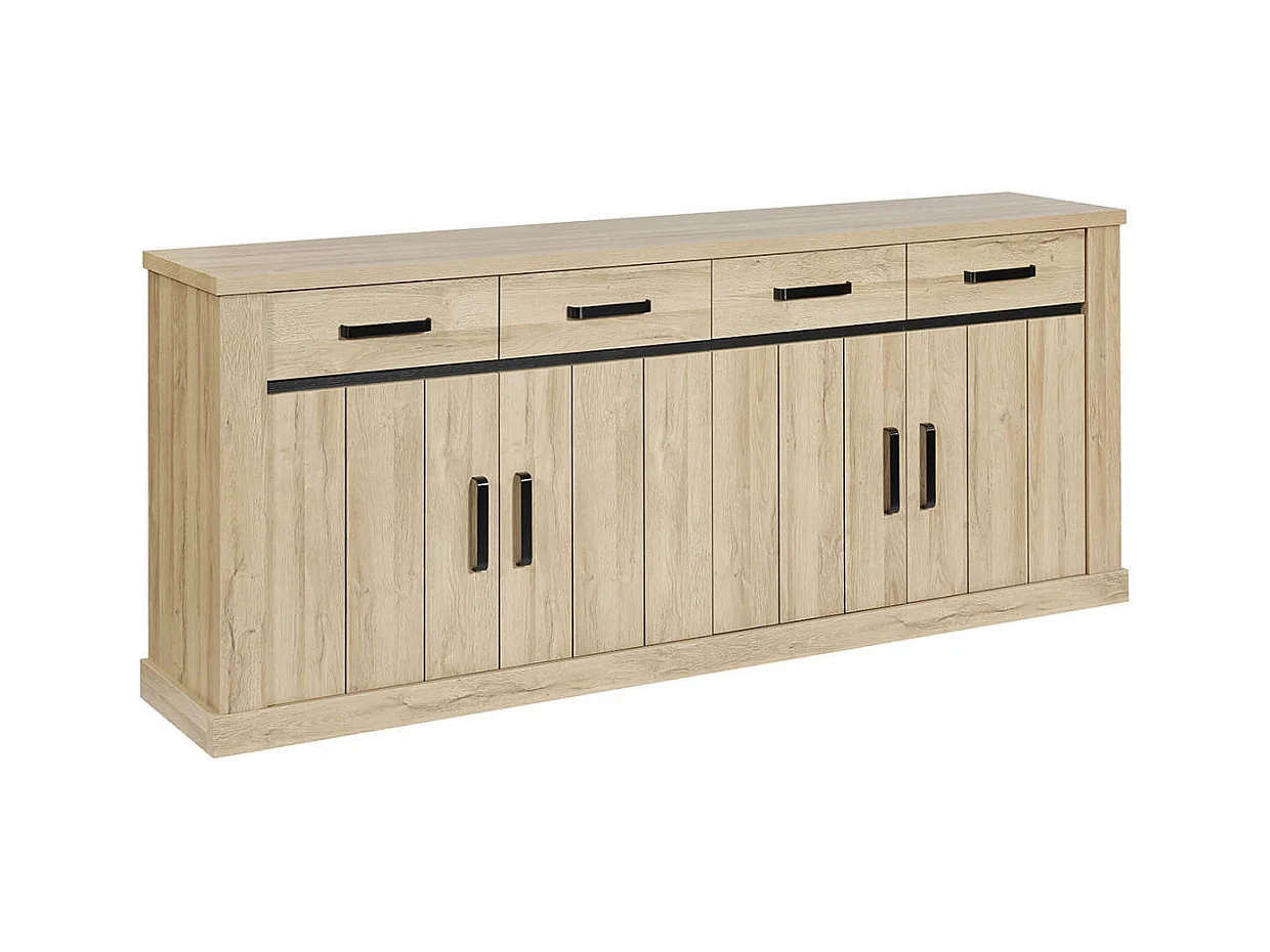 LORENZO - Buffet 4 Portes 4 Tiroirs Aspect Bois Chêne Clair Finition Frank
