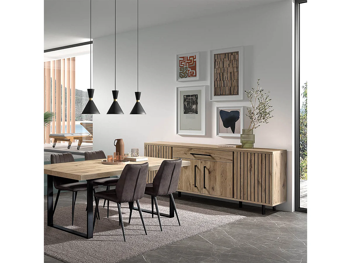 ROMY - Buffet 4 Portes 1 Tiroir Aspect Bois Finition Canyon Oak Effet Tasseaux