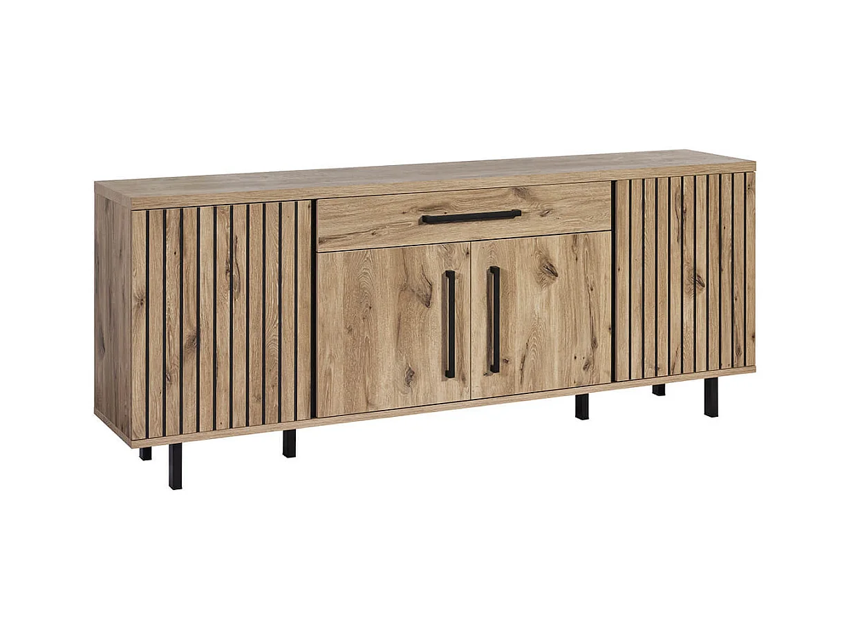 ROMY - Buffet 4 Portes 1 Tiroir Aspect Bois Finition Canyon Oak Effet Tasseaux