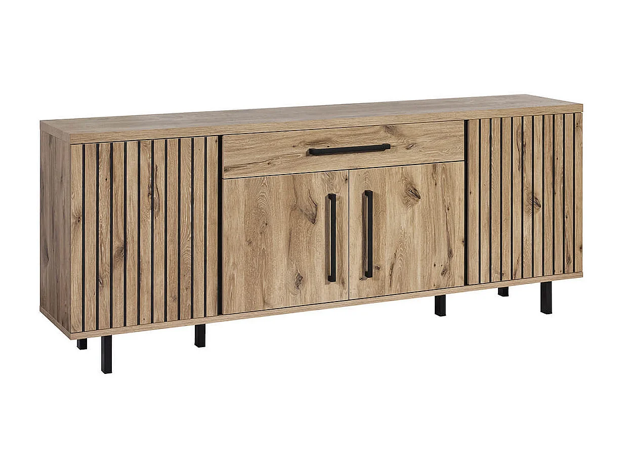 ROMY - Buffet 4 Portes 1 Tiroir Aspect Bois Finition Canyon Oak Effet Tasseaux