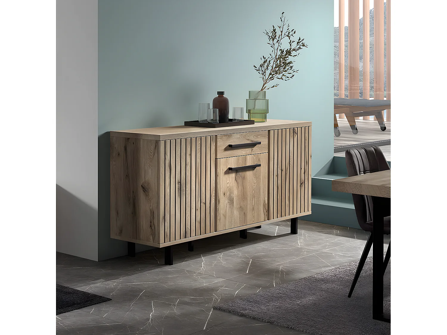 ROMY - Buffet 3 Portes 1 Tiroir Aspect Bois Finition Canyon Oak Effet Tasseaux