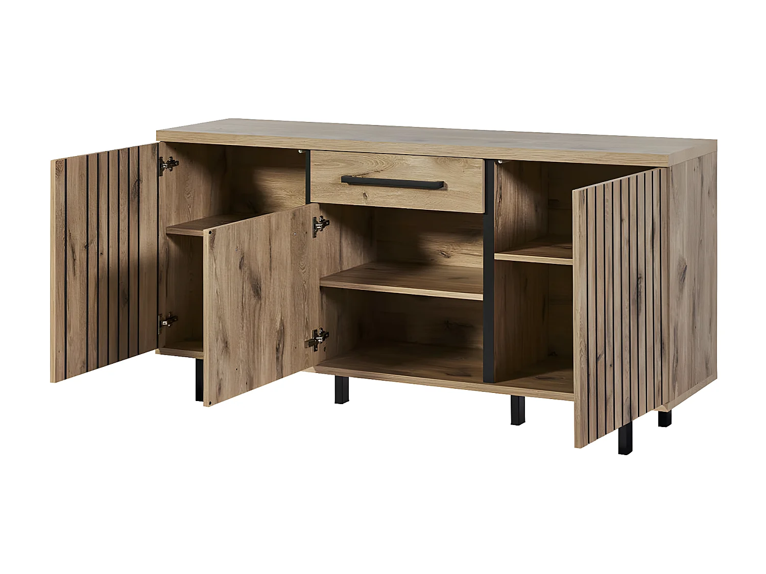 ROMY - Buffet 3 Portes 1 Tiroir Aspect Bois Finition Canyon Oak Effet Tasseaux